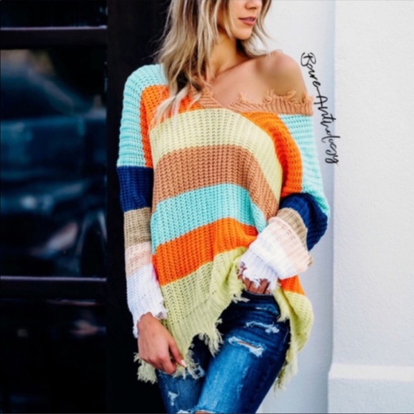 💚Last One❤️Multi-ColorDistressed V-Neck Sweater🧡 - Picture 4 of 4